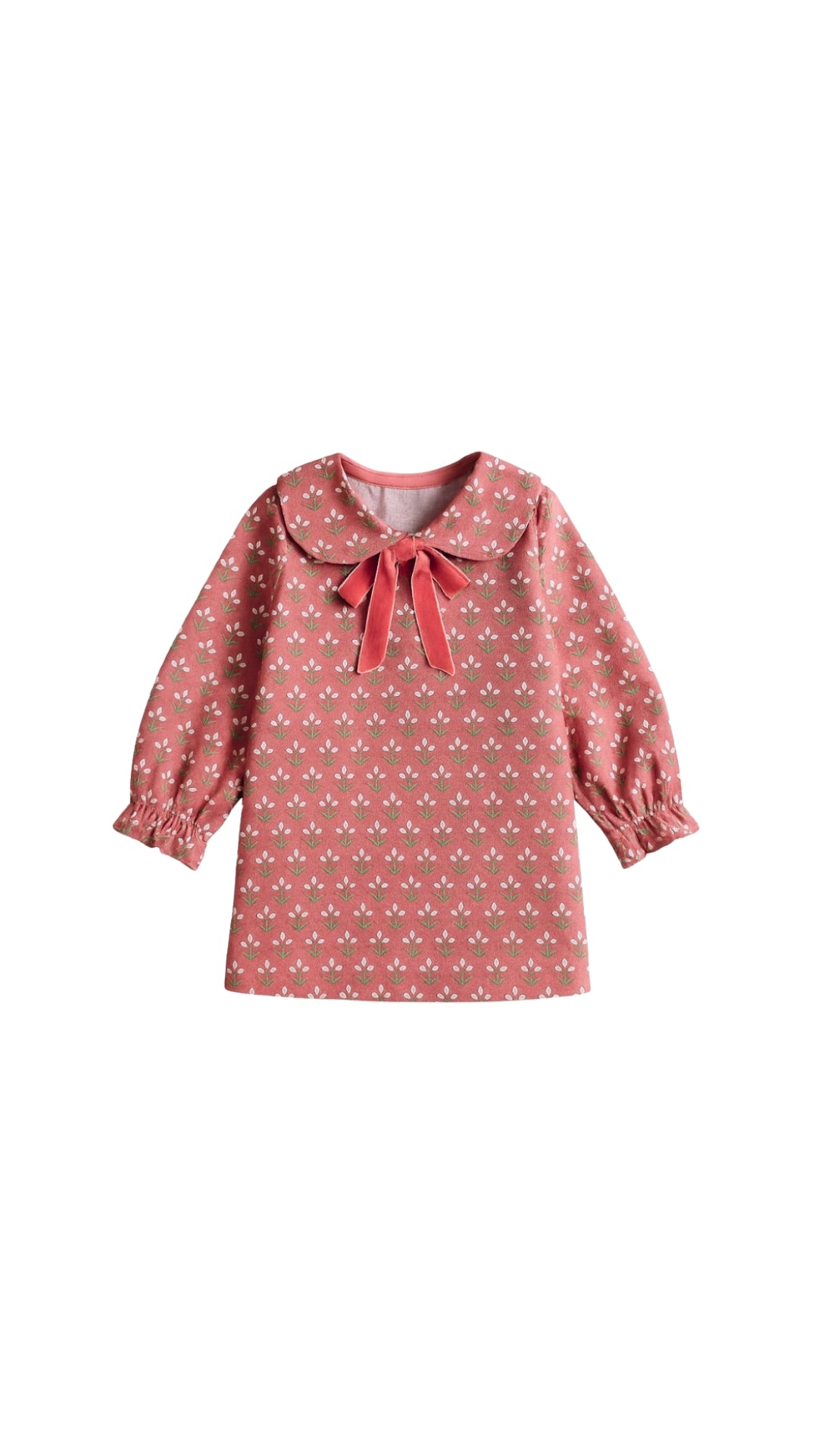 VESTIDO CUELLO REDONDO DE FLORES BLANCAS FONDO TEJA Y LAZADA ROSA